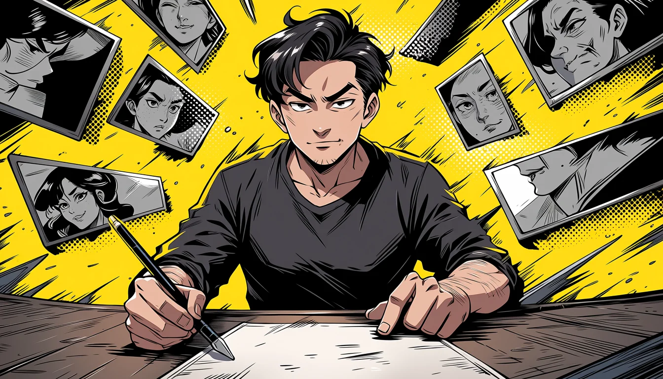 Mature comic artist working amid bold sequential panels